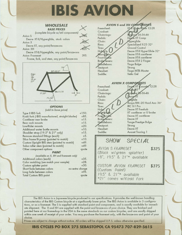 Ibis 1989 Dealer Catalog - Avion pricing & specs