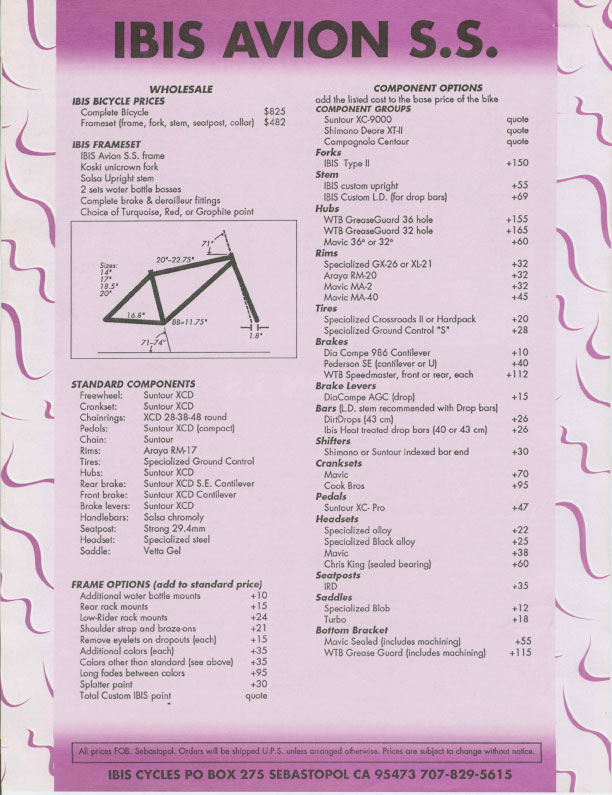 Ibis 1989 Dealer Catalog - Avion SS pricing & specs