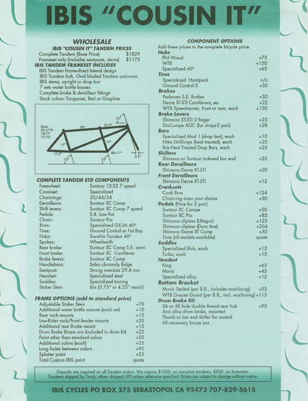 Ibis 1989 Dealer Catalog - Cousin It Tandem pricing & specs