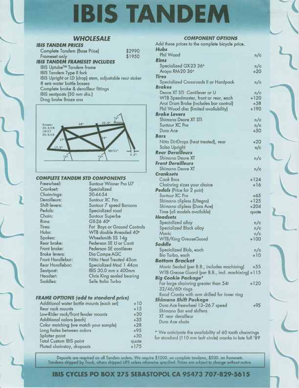 Ibis 1989 Dealer Catalog - Uptube Tandem pricing & specs