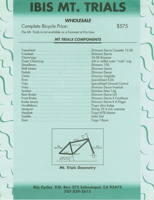 Ibis 1989 Dealer Catalog - Mt Trials pricing & specs
