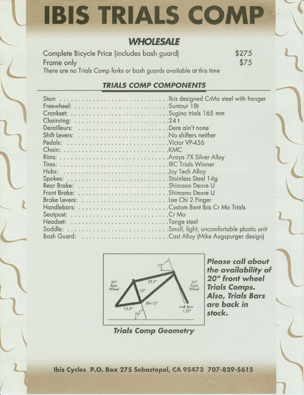Ibis 1989 Dealer Catalog - Trials Comp pricing & specs