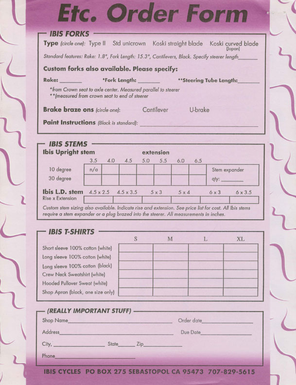 Ibis 1989 Dealer Catalog - Etc Order Form