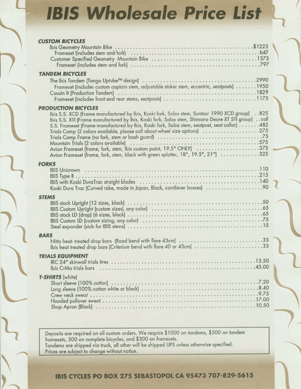 Ibis 1989 Dealer Catalog - Dealer Price List