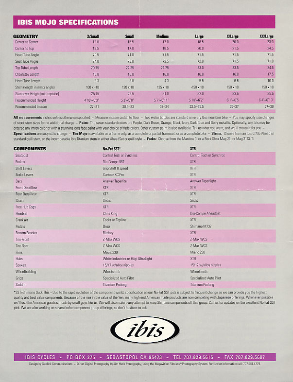 1994 Ibis Mojo Spec Sheet - back