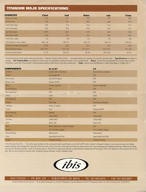 1994 Ti Mojo Spec Sheet - back