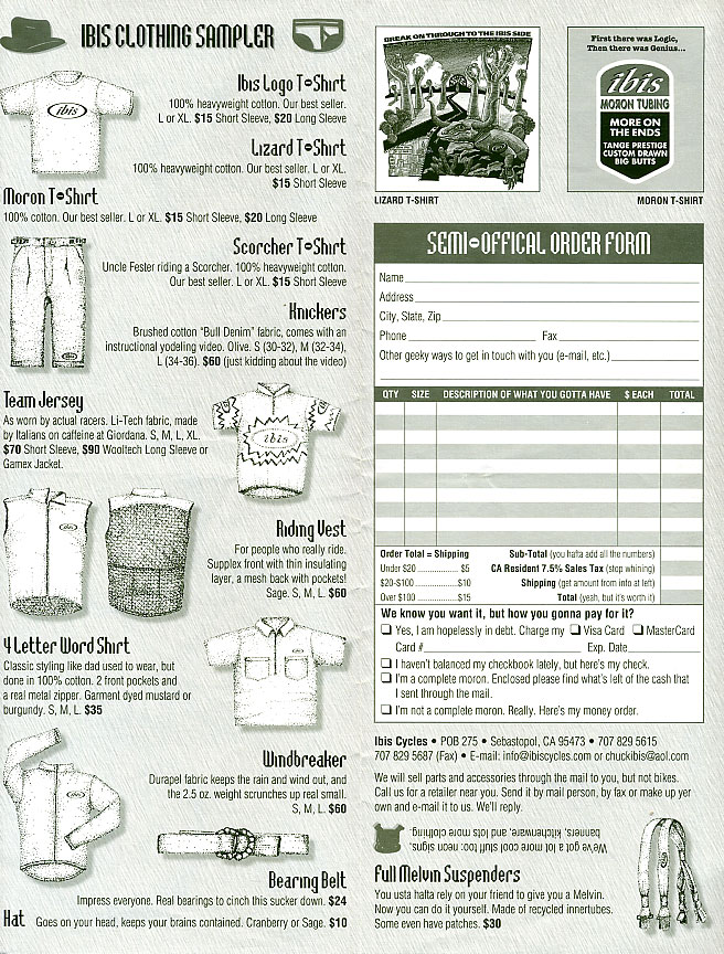 Ibis Cycle Clothing & Order Form