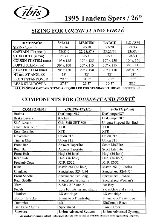 Ibis 1995 Tandem Spec Sheet