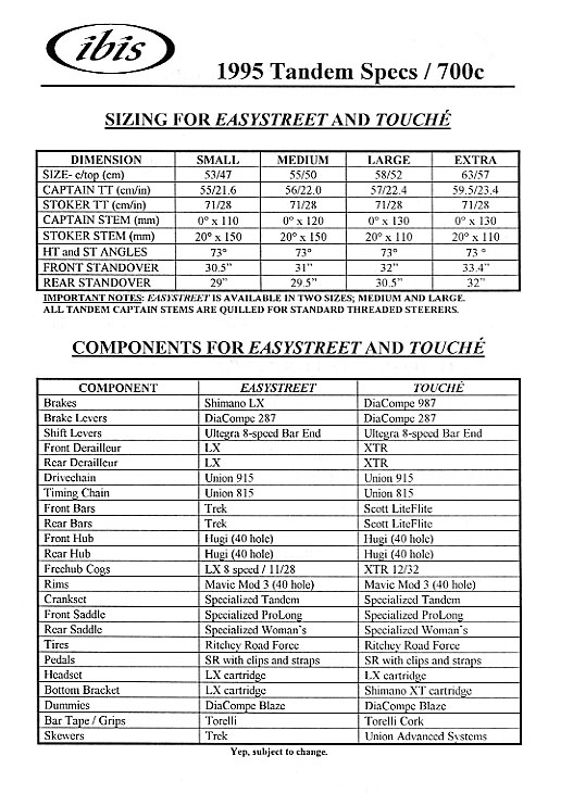 Ibis 1995 Tandem Spec Sheet