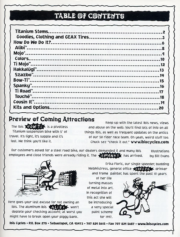 1997 Ibis Catalog - TOC